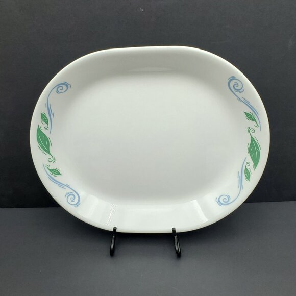 Corelle Spearmint Platter White Oval Serving Plate Green Leaves Blue Scrolls - Picture 1 of 4
